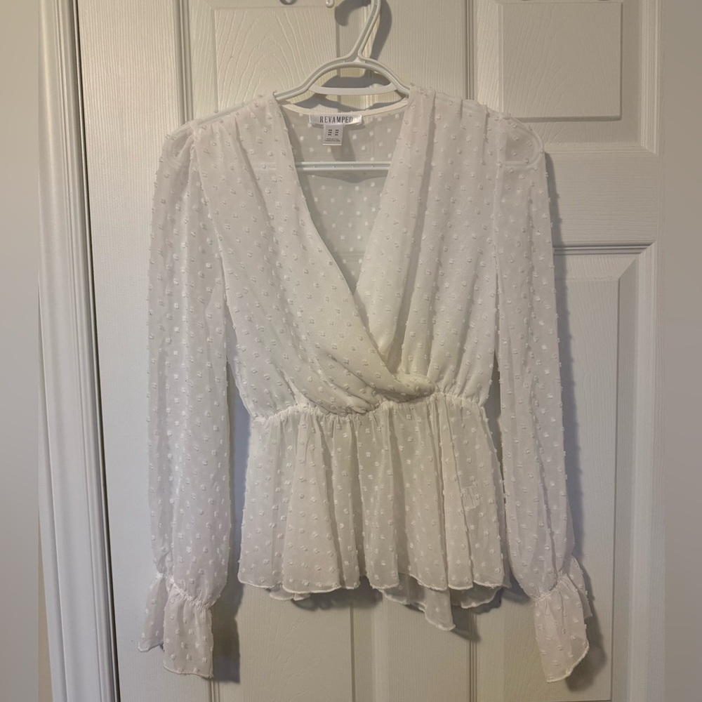 Revamped White Swiss Dot Wrap Peplum Top
